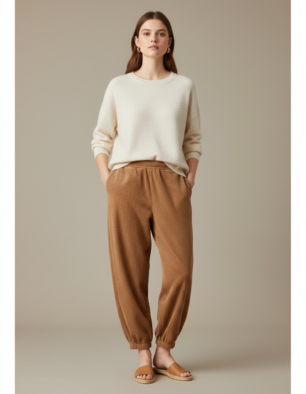 Pantalon Marron Côtelé Ample Élastique Décontracté - Cordé