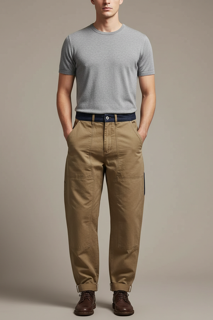 Pantalon Marron Cargo Coton Ample Décontracté - Kaki Toile