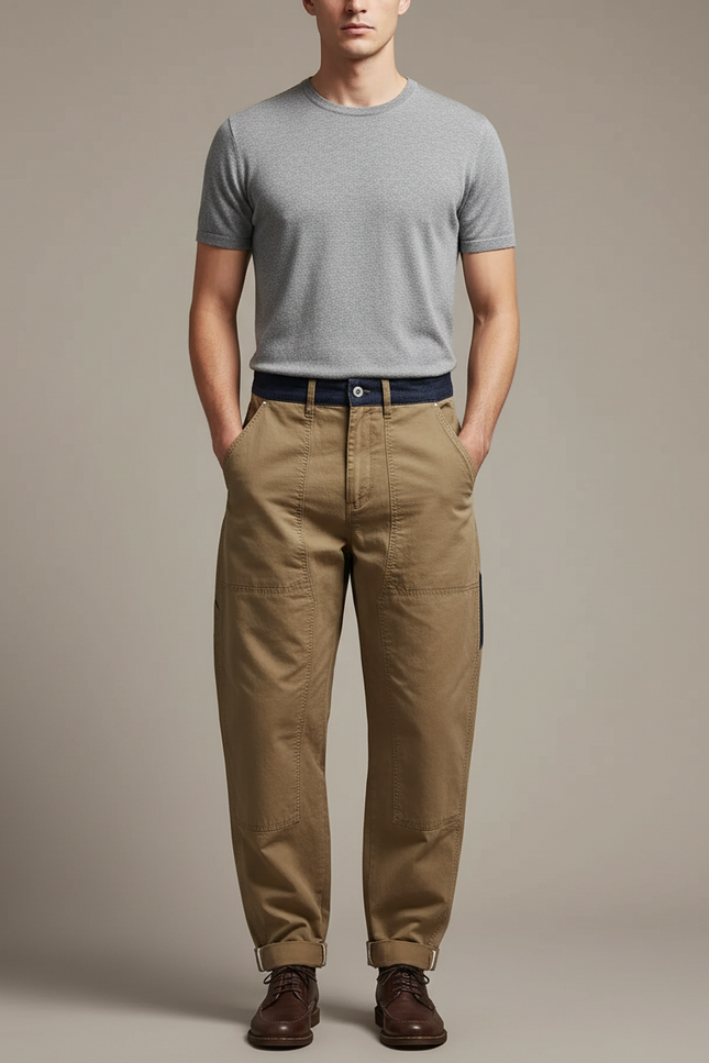 Pantalon Marron Cargo Coton Ample Décontracté - Kaki Toile