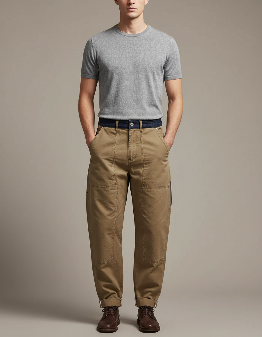 Pantalon Marron Cargo Coton Ample Décontracté - Kaki Toile