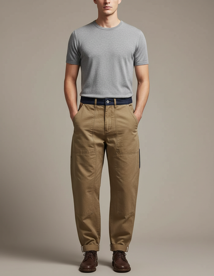 Pantalon Marron Cargo Coton Ample Décontracté - Kaki Toile