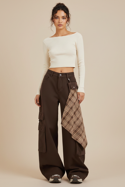 Pantalon Marron Cargo Plaid Ample Taille Haute - Toile