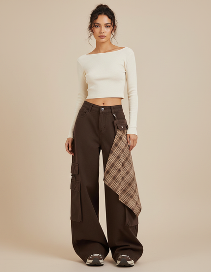Pantalon Marron Cargo Plaid Ample Taille Haute - Toile