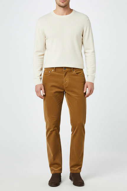 Pantalon Marron Côtelé Droit Décontracté Épais - Cordé