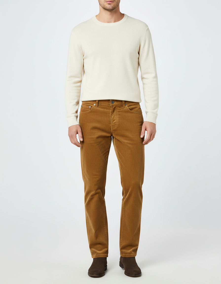 Pantalon Marron Côtelé Droit Décontracté Épais - Cordé