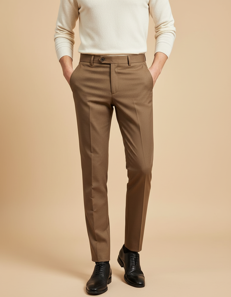 Pantalon Marron Homme Slim Élégant Formel Coton - Gabardine