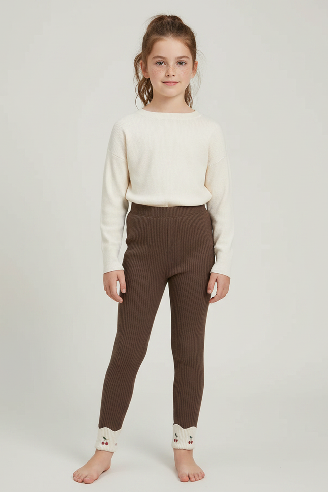 Pantalon Marron Côtelé Fille Brodé Cerises Confortable - Maille