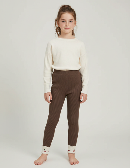 Pantalon Marron Côtelé Fille Brodé Cerises Confortable - Maille