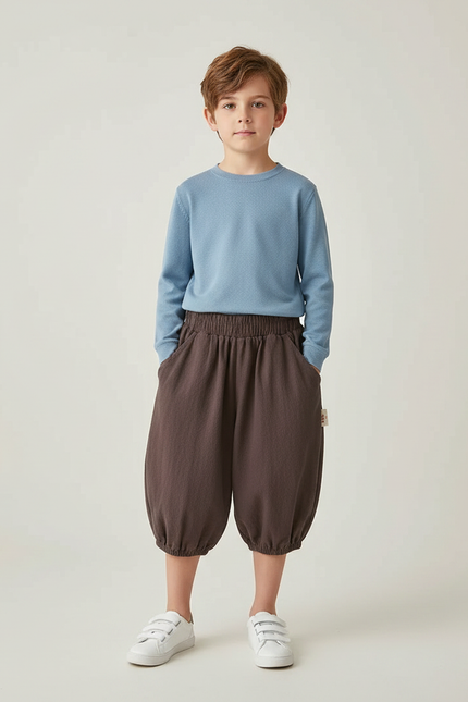 Pantalon Marron Ample Coton Lin Garçon Décontracté