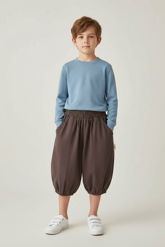 Pantalon Marron Ample Coton Lin Garçon Décontracté