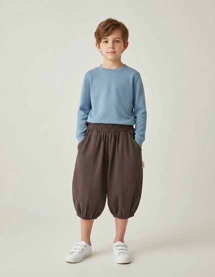 Pantalon Marron Ample Coton Lin Garçon Décontracté