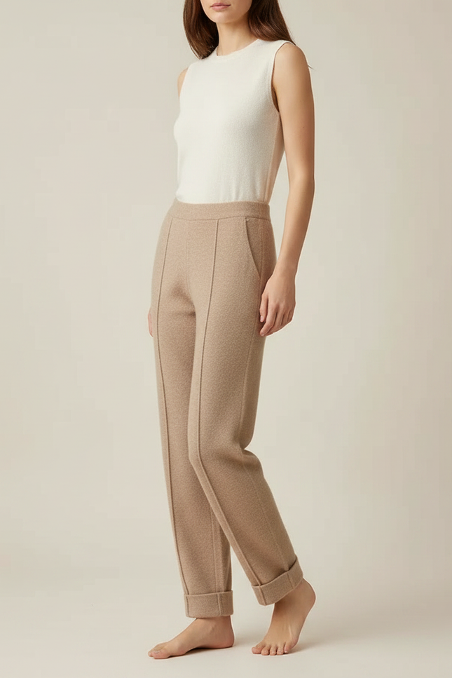 Pantalon Marron Tricoté Droit Élégant Confortable Femme - Camel Molleton