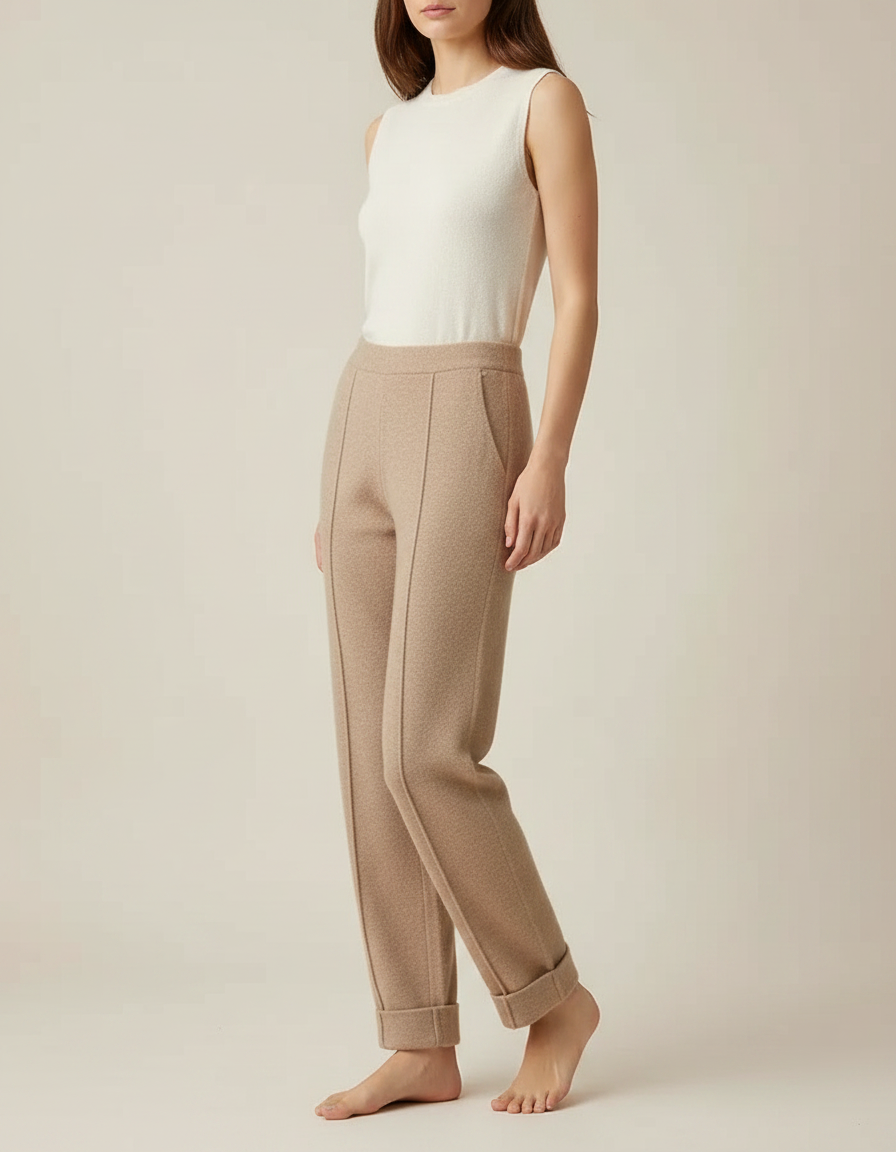 Pantalon Marron Tricoté Droit Élégant Confortable Femme - Camel Molleton