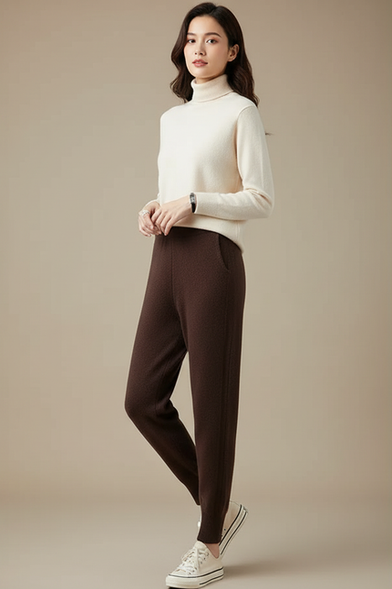 Pantalon Marron Laine Cachemire Tricoté Slim Femme
