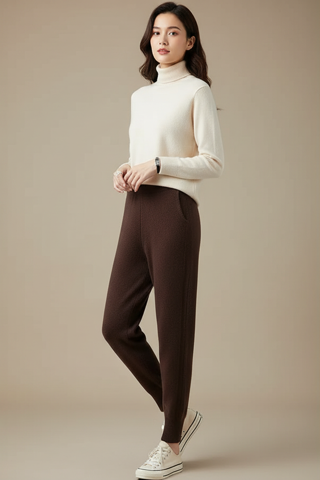 Pantalon Marron Laine Cachemire Tricoté Slim Femme