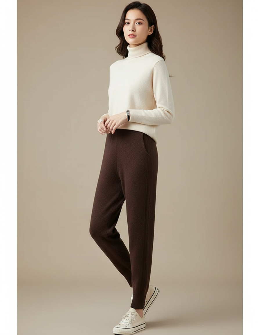 Pantalon Marron Laine Cachemire Tricoté Slim Femme