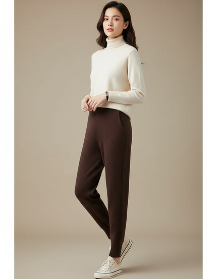 Pantalon Marron Laine Cachemire Tricoté Slim Femme
