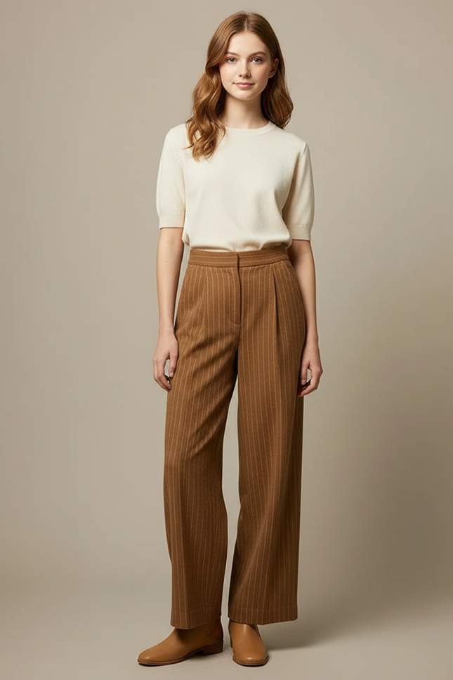Pantalon Marron Large Rayé Plissé Élégant Femme - Laine