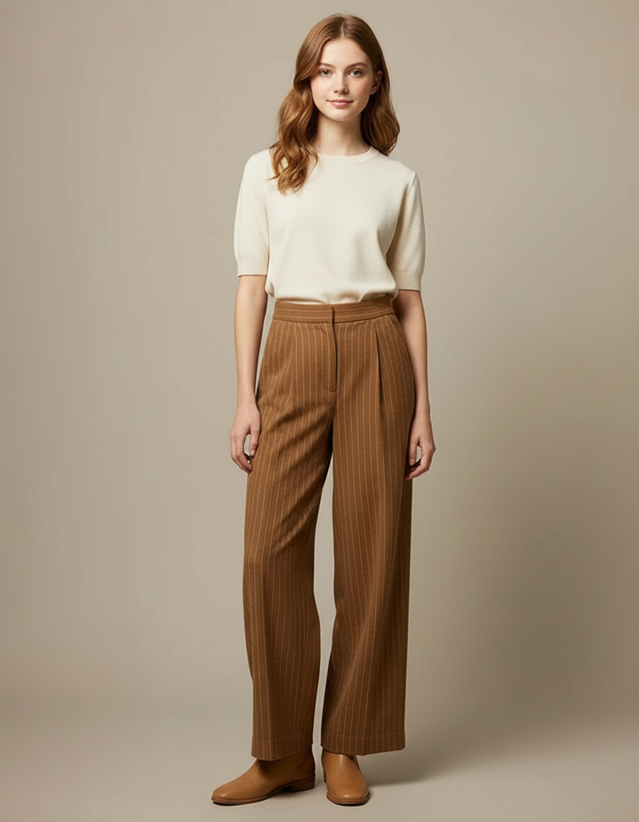 Pantalon Marron Large Rayé Plissé Élégant Femme - Laine