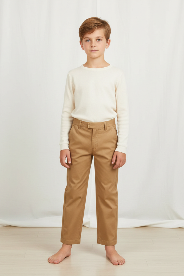 Pantalon Marron Chino Coton Coupe Droite Enfant - Camel