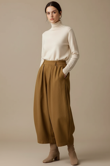Pantalon Marron Ample Taille Haute Décontracté Harem - Laine