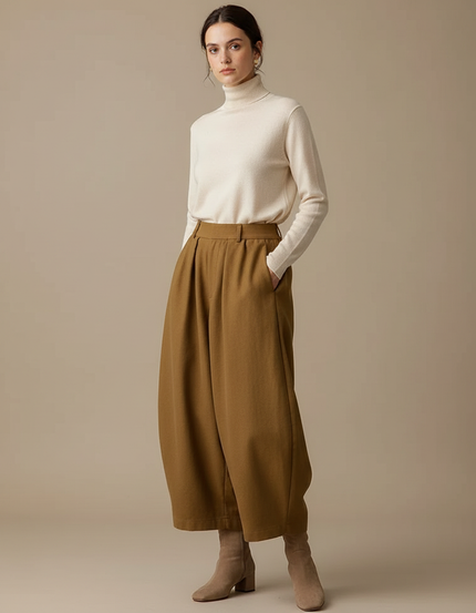 Pantalon Marron Ample Taille Haute Décontracté Harem - Laine