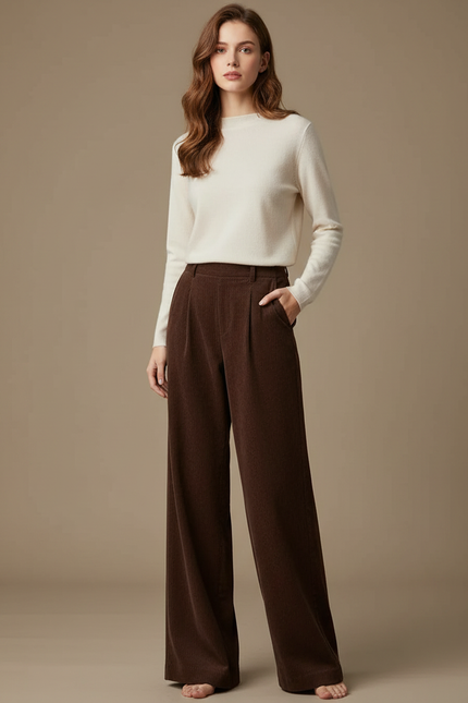 Pantalon Marron Ample Côtelé Taille Haute Femme - Cordé