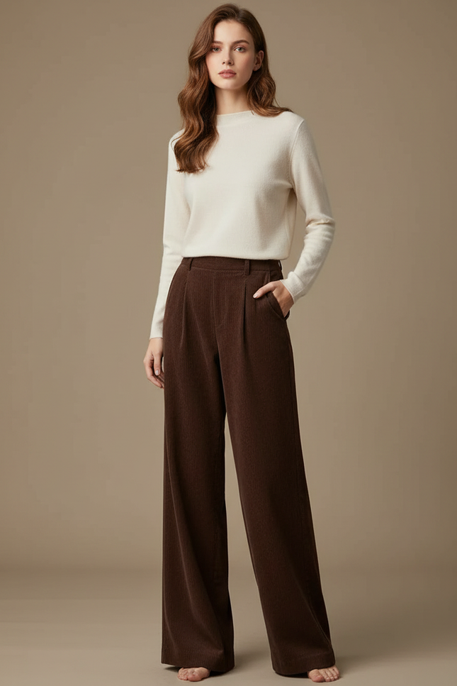 Pantalon Marron Ample Côtelé Taille Haute Femme - Cordé