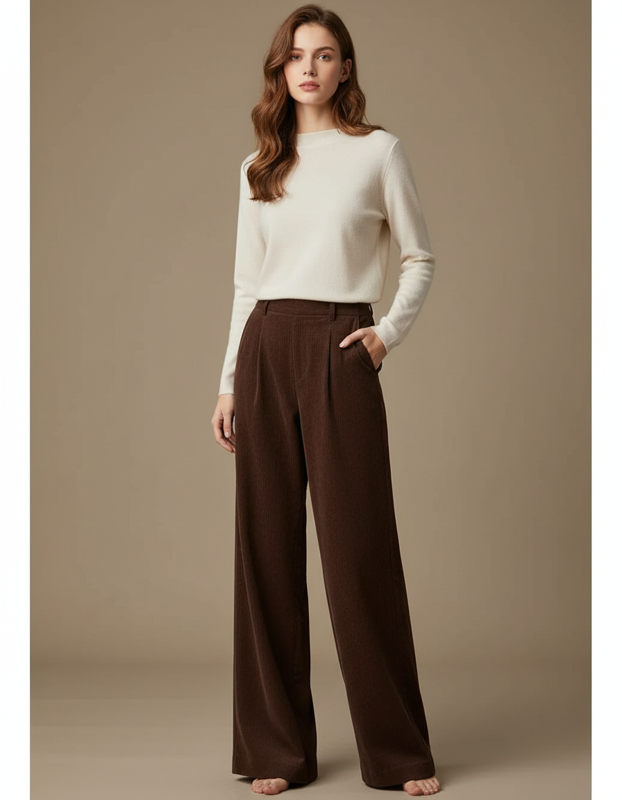 Pantalon Marron Ample Côtelé Taille Haute Femme - Cordé