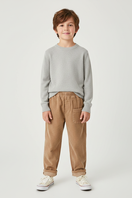 Pantalon Marron Côtelé Ample Élastiqué Enfant Garçon - Camel Cordé