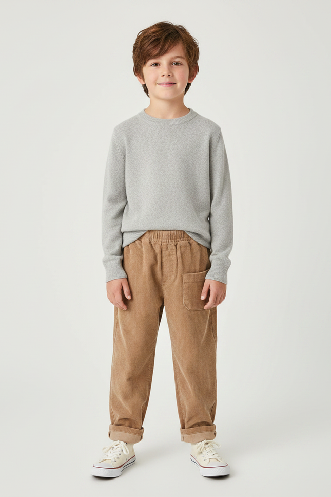 Pantalon Marron Côtelé Ample Élastiqué Enfant Garçon - Camel Cordé