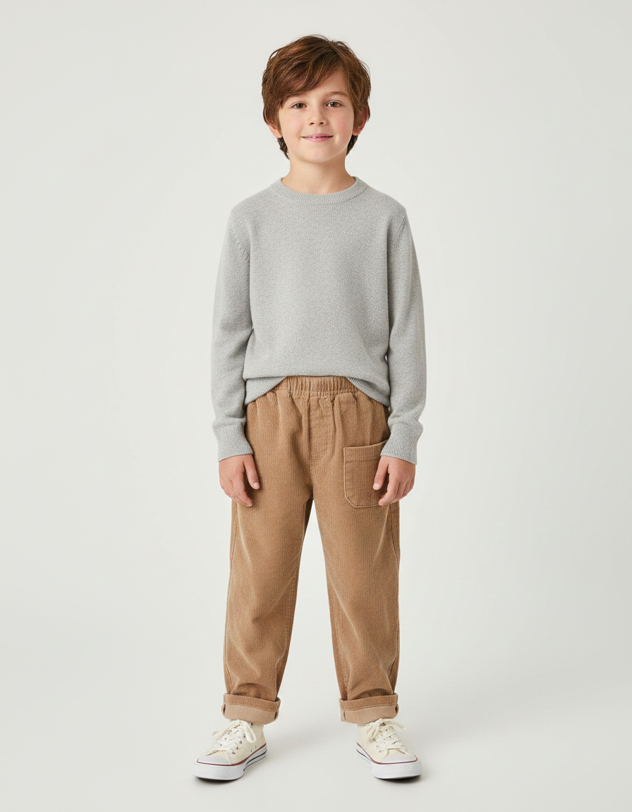 Pantalon Marron Côtelé Ample Élastiqué Enfant Garçon - Camel Cordé