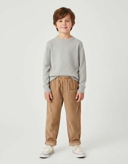 Pantalon Marron Côtelé Ample Élastiqué Enfant Garçon - Camel Cordé