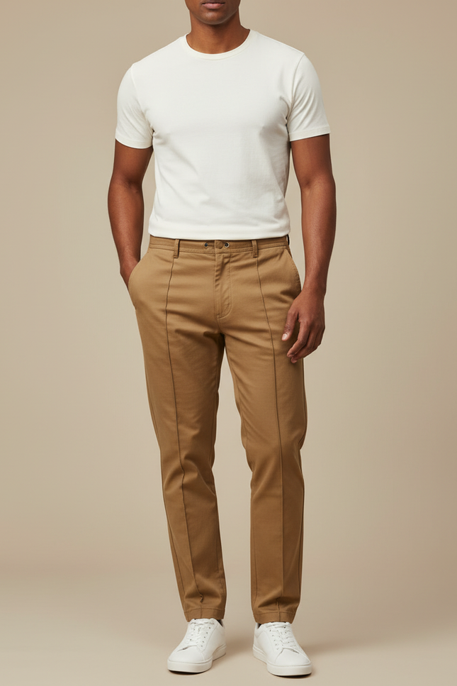 Pantalon Marron Homme Coton Coupe Droite Décontracté - Kaki Gabardine