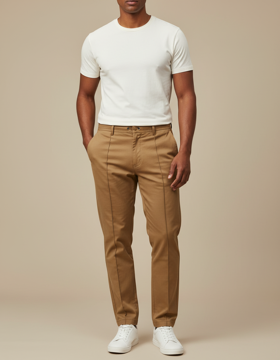 Pantalon Marron Homme Coton Coupe Droite Décontracté - Kaki Gabardine