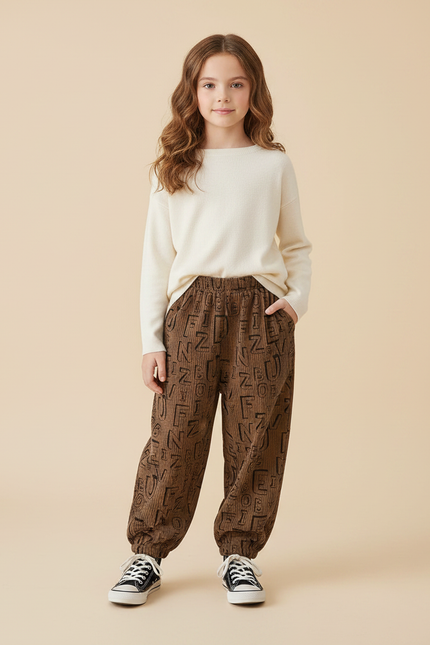Pantalon Marron Côtelé Lettres Ample Enfant - Cordé