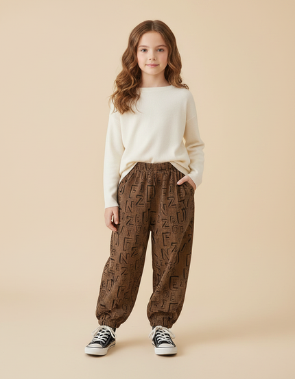 Pantalon Marron Côtelé Lettres Ample Enfant - Cordé