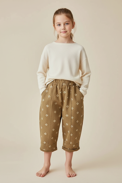 Pantalon Marron Harem Coton Lavé Motifs Géométriques Enfant - Kaki Molleton
