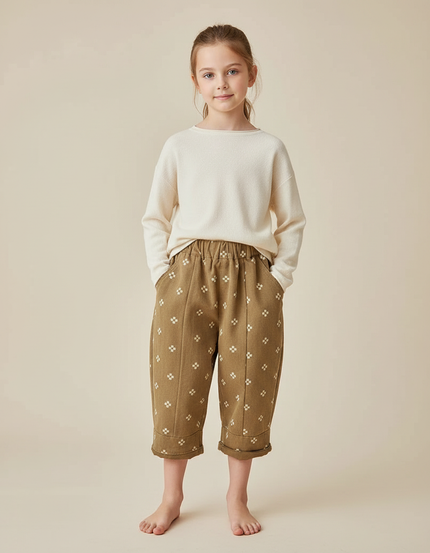 Pantalon Marron Harem Coton Lavé Motifs Géométriques Enfant - Kaki Molleton