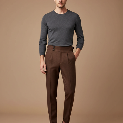 Pantalon Marron Carreaux Taille Haute Homme Élégant - Laine
