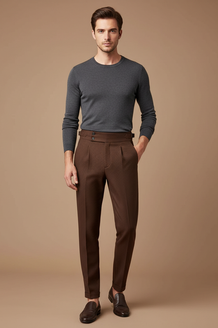 Pantalon Marron Carreaux Taille Haute Homme Élégant - Laine