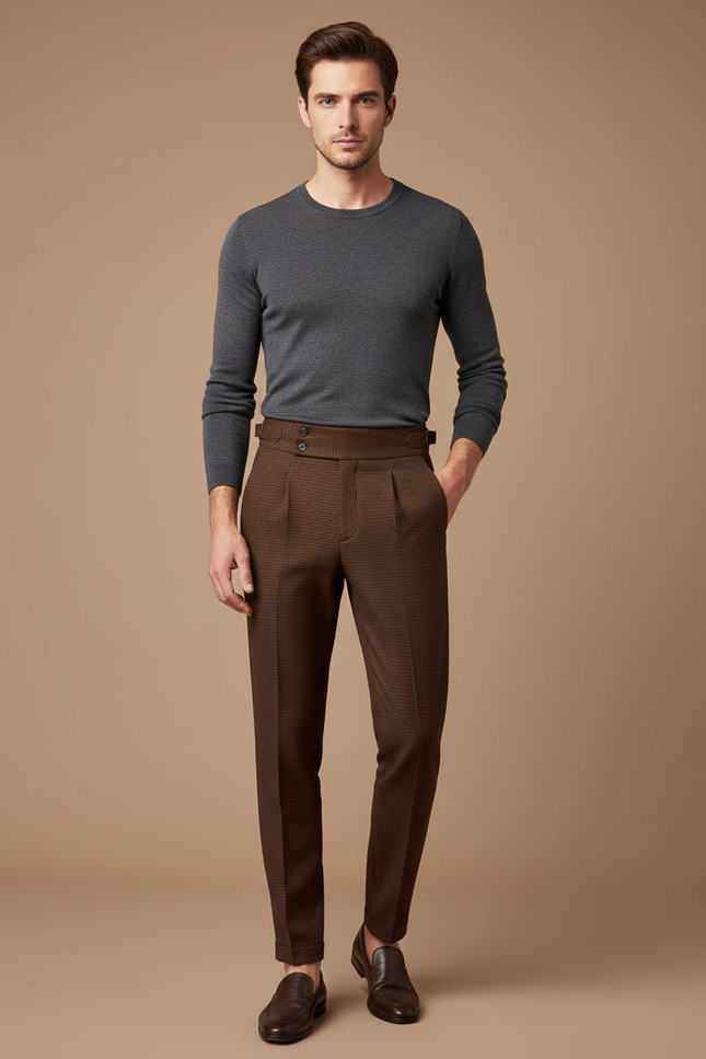Pantalon Marron Carreaux Taille Haute Homme Élégant - Laine