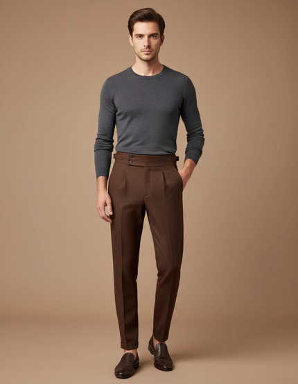 Pantalon Marron Carreaux Taille Haute Homme Élégant - Laine