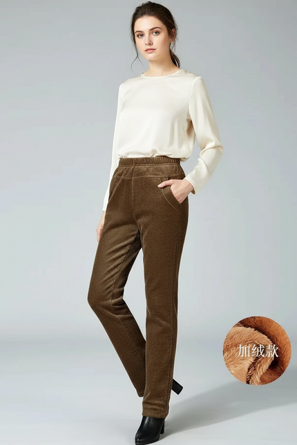 Pantalon Marron Côtelé Doublé Chaud Décontracté Femme Hiver - Cordé