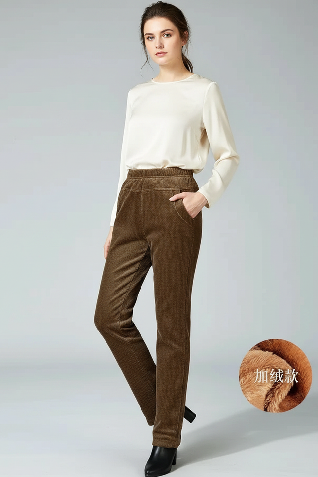 Pantalon Marron Côtelé Doublé Chaud Décontracté Femme Hiver - Cordé