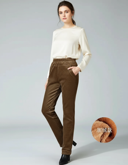 Pantalon Marron Côtelé Doublé Chaud Décontracté Femme Hiver - Cordé