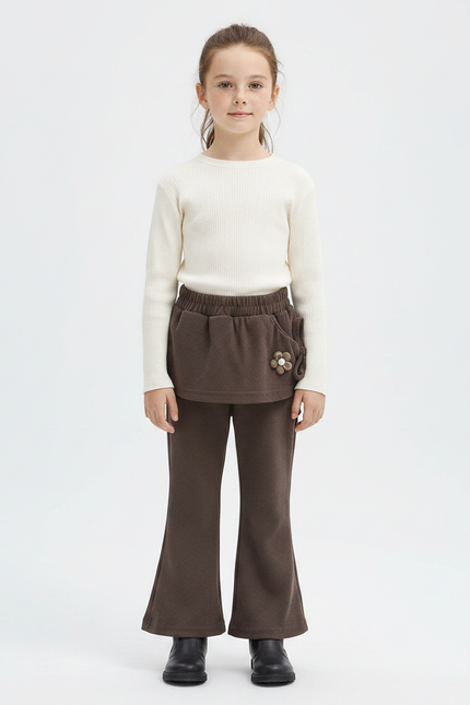 Pantalon Marron Évasé Côtelé Enfant Décoré Confortable - Cordé