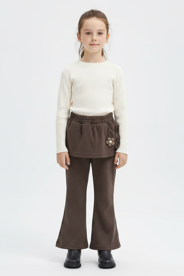 Pantalon Marron Évasé Côtelé Enfant Décoré Confortable - Cordé