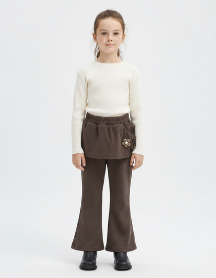 Pantalon Marron Évasé Côtelé Enfant Décoré Confortable - Cordé
