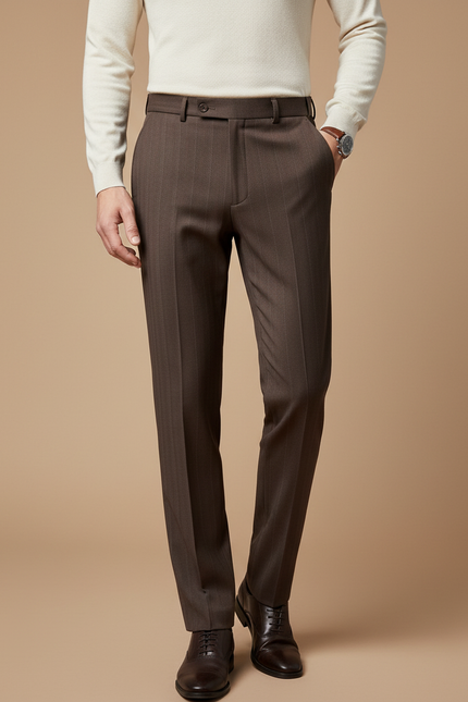 Pantalon Marron Laine Slim Rayures Élégant Homme